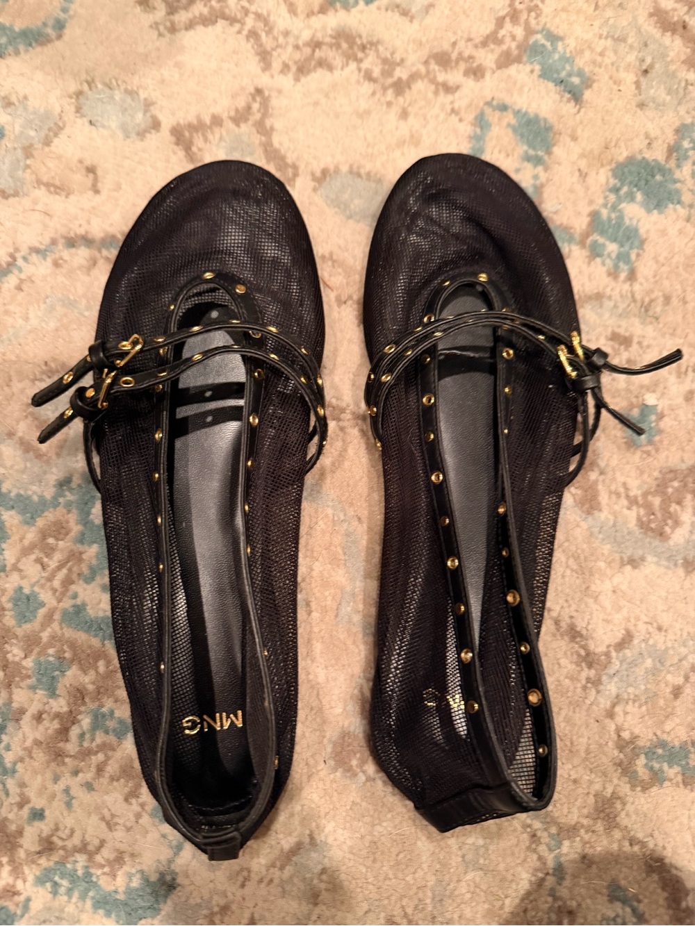 MNG Mango Black Mesh Studded Mary Jane Ballet Flats Gold Size 39